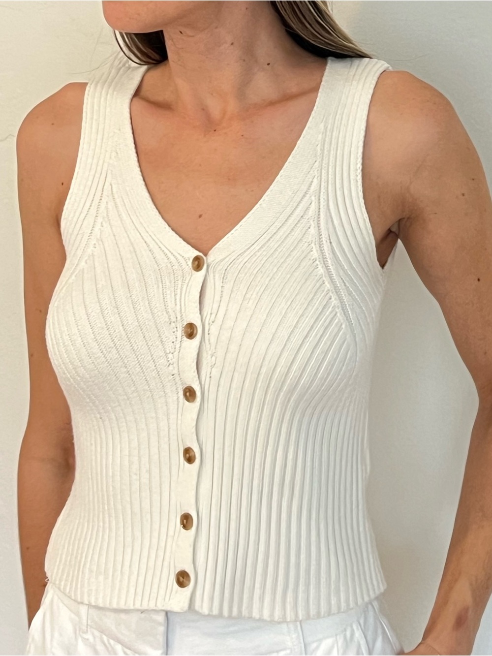 Cream Ribbed Button-Front Knit Tank Top